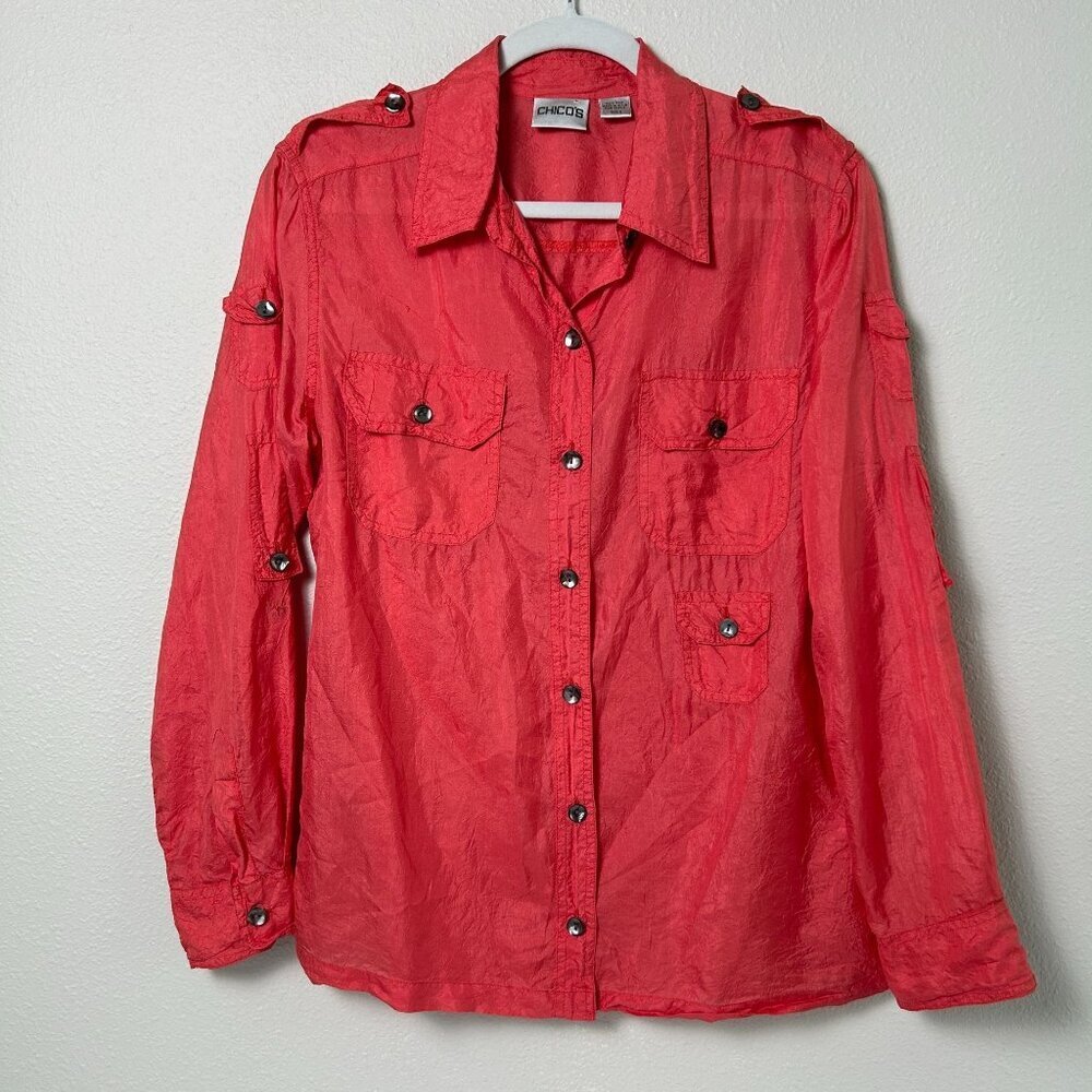 Chicos Blouse Womens Size 0 S‎ Coral Orange 100% Silk Button Up Roll Tab Sleeves